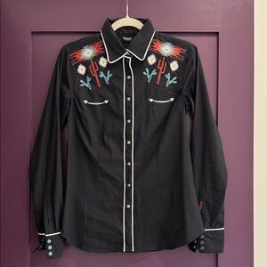 Embroidered Western Button-Down Shirt - Black with Turquoise & Red